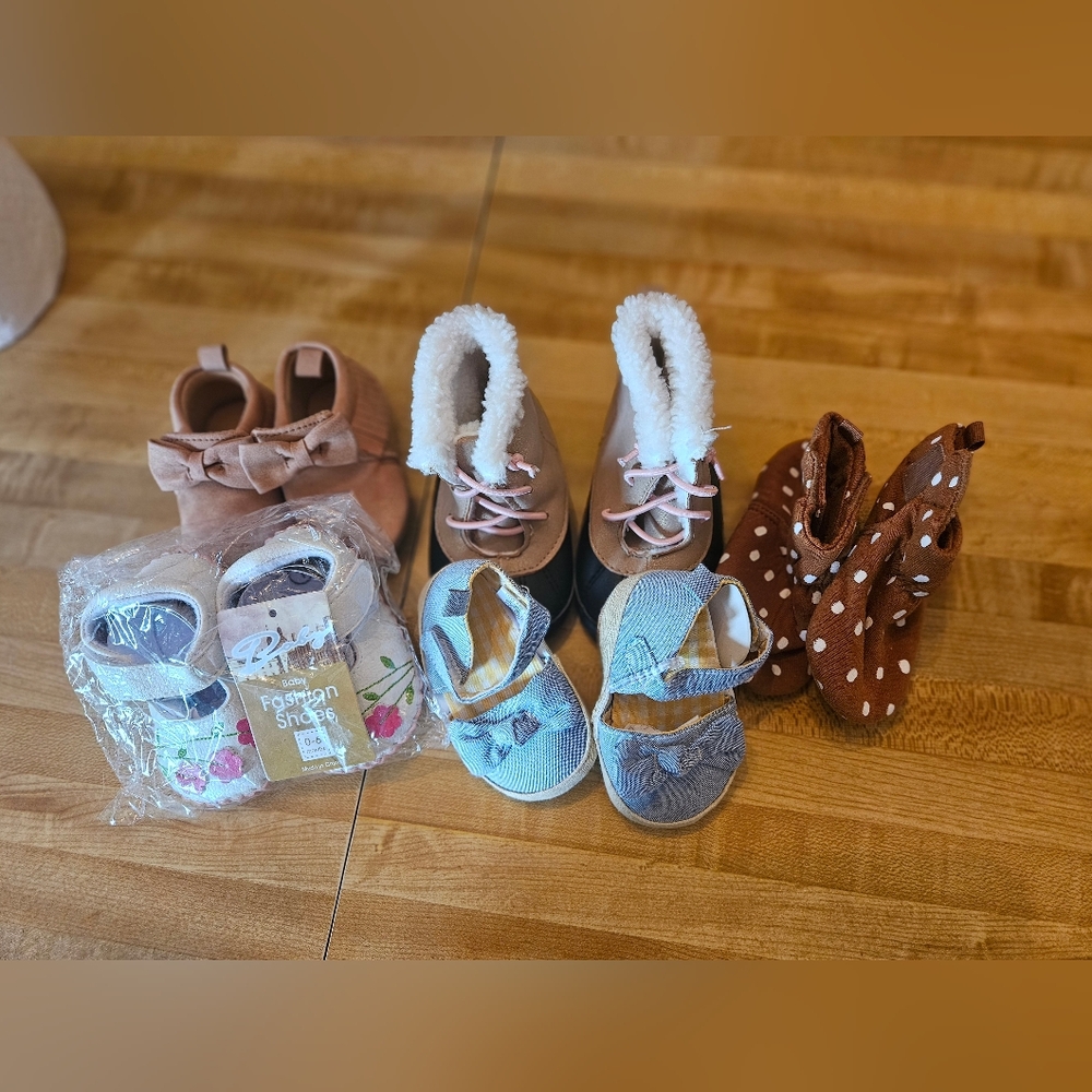 Baby Slippers And Boot Set - Brown, Blue, Pink